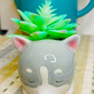 Gray and White Dog Planter with Green Succulent